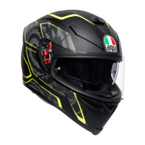 Black and grey motorcycle helmet with fluorescent details.