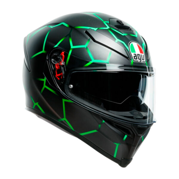 matt black motorcycle helmet with green hexagonal design